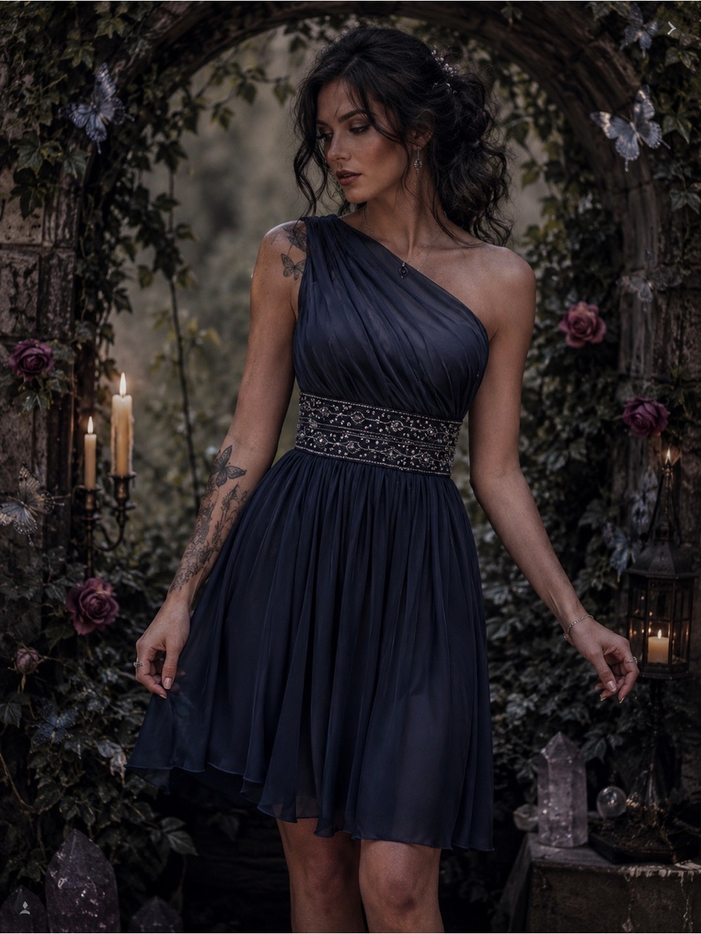 One Shoulder Sz 4 Jessica Howard Dress Navy Silver Beaded Waist Cocktail Short